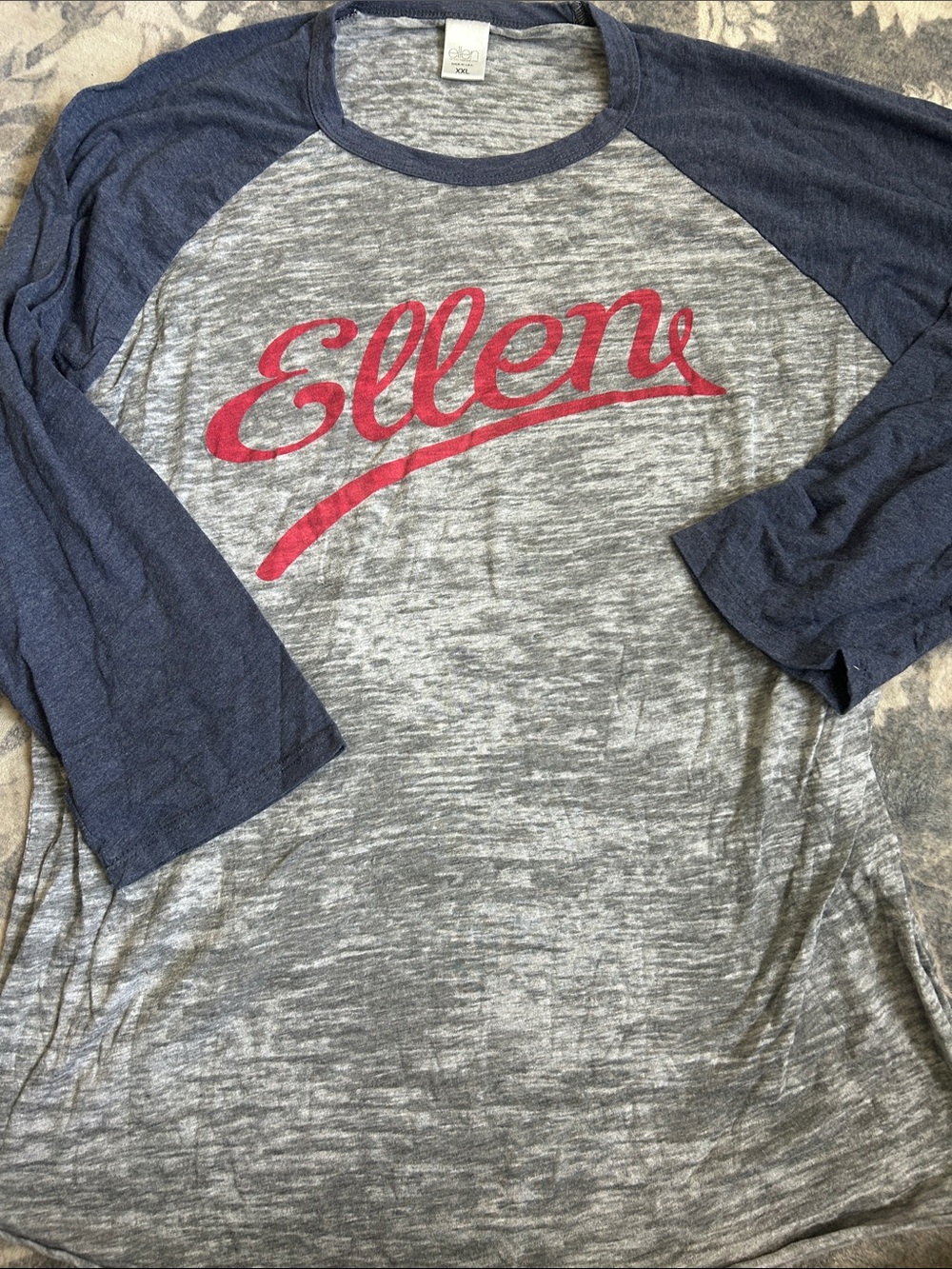 Ellen Gray and Navy Raglan 3/4 Sleeve Tee with Red Script Logo